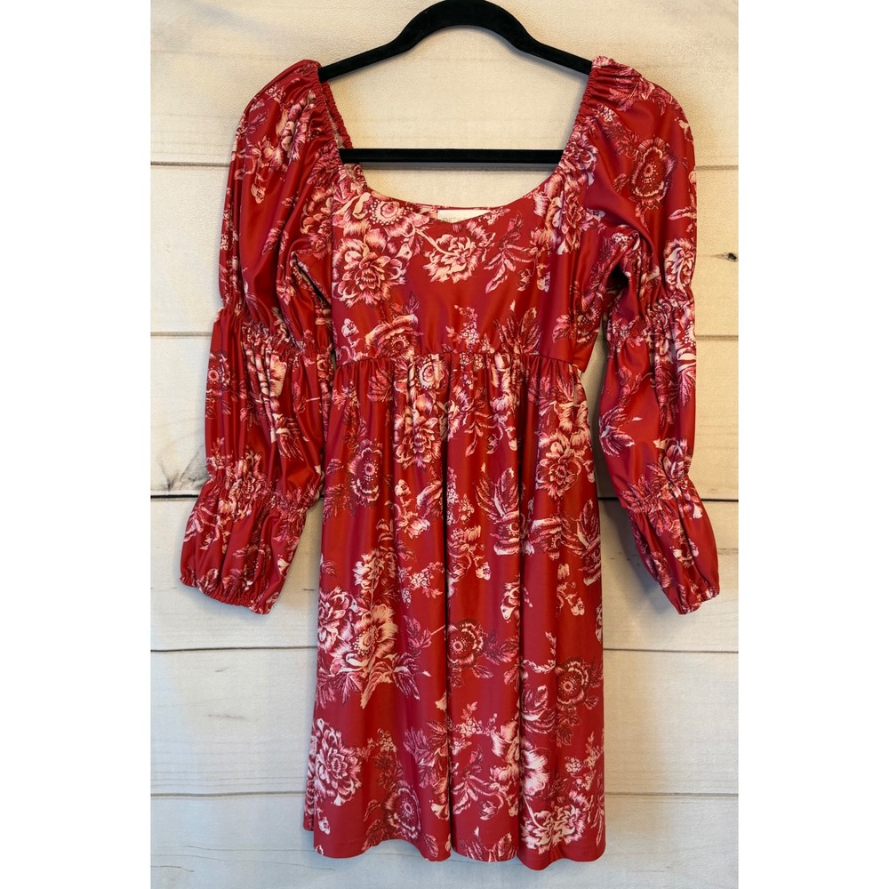 Smith & Quinn Red Floral Puff Sleeve Square Neck Mini Dress XS